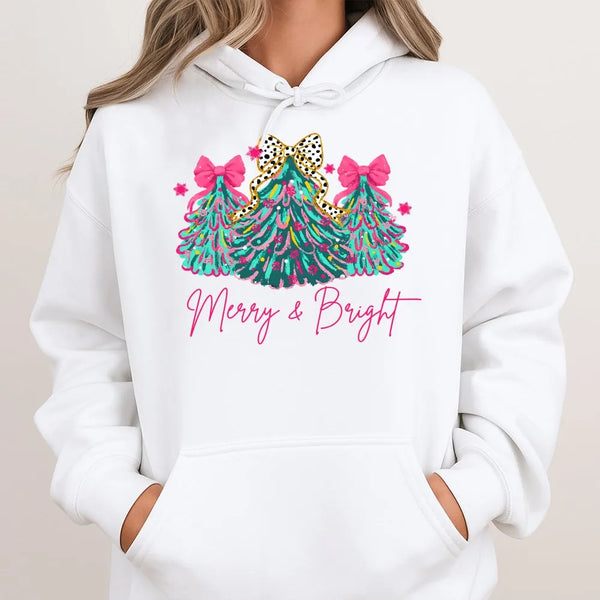 Leopard Bow Christmas Tree Hoodie, Merry and Bright Christmas Tree Hoodie, Retro Christmas Hoodie, Preppy Holiday Sweatshirt,