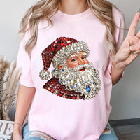 Mosaic Rhinestone Graphic Shirt, Sparkle Santa T-Shirt, Faux Glitter Christmas Tee, Festive Holiday Season Graphic T-Shirt Her