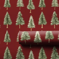 Rustic Red Christmas Gift Wrap, Watercolor Pine Tree Wrapping Paper, Deep Red Winter Forest Wrapping Paper, Festive Holiday Wrapping Paper