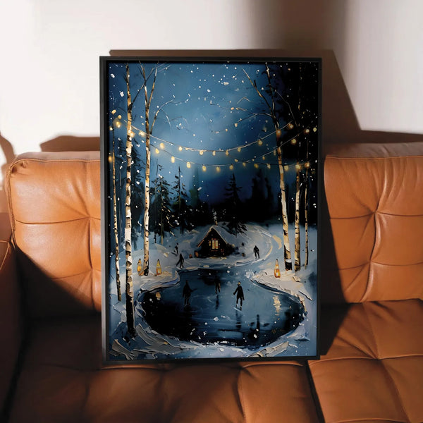 Comfy Cabin Snowy Forest Painting, Winter Night Ice Skating Wall Art Print, Christmas Holiday Landscape Poster, Seasonal Home