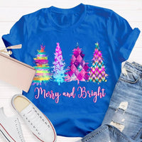 Colorful Tie-Dye Holiday T-Shirt, Merry and Bright Christmas Tree Shirt, Retro Christmas Graphic Tee, Festive Holiday Season Shirt