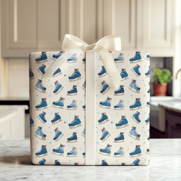 Winter Watercolor Figure Skating Gift Wrap, Ice Skate Wrapping Paper, Holiday Christmas Paper Roll, Seasonal Birthday Wrappin