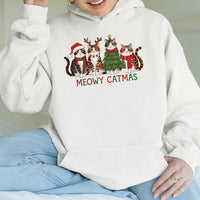 Humorous Christmas Cat Hoodie, Meowy Catmas Hoodie, Adorable Cat Lover Holiday Hooded Sweatshirt, Winter Catmas Pullover, Xmas Present for Cat Mom
