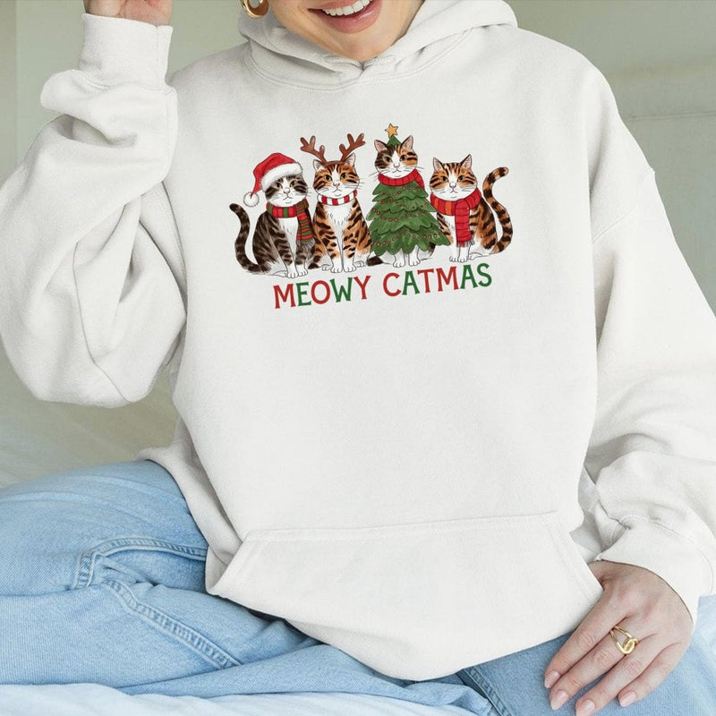 Humorous Christmas Cat Hoodie, Meowy Catmas Hoodie, Adorable Cat Lover Holiday Hooded Sweatshirt, Winter Catmas Pullover, Xmas Present for Cat Mom