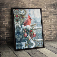 Snowy Christmas Branch Canvas Wall Art, Red Cardinal Canvas Print, Winter Cardinal Bird Wall Decor, Festive Holiday Woodland Art