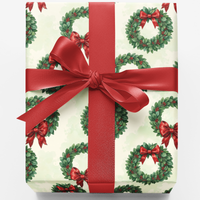 Classic Christmas Wreath Gift Wrap, Holiday Laurel Wreath Wrapping Paper, Crimson Bow Pine Gift Wrapping Paper, Festive Holiday Gift Wrap