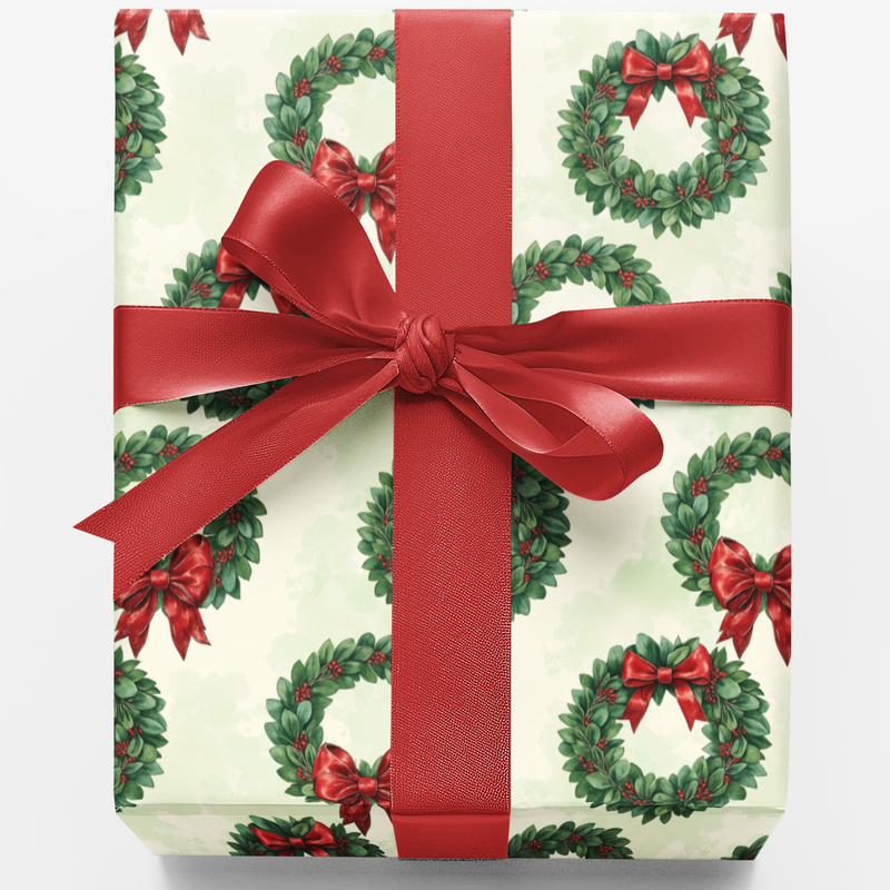 Classic Christmas Wreath Gift Wrap, Holiday Laurel Wreath Wrapping Paper, Crimson Bow Pine Gift Wrapping Paper, Festive Holiday Gift Wrap