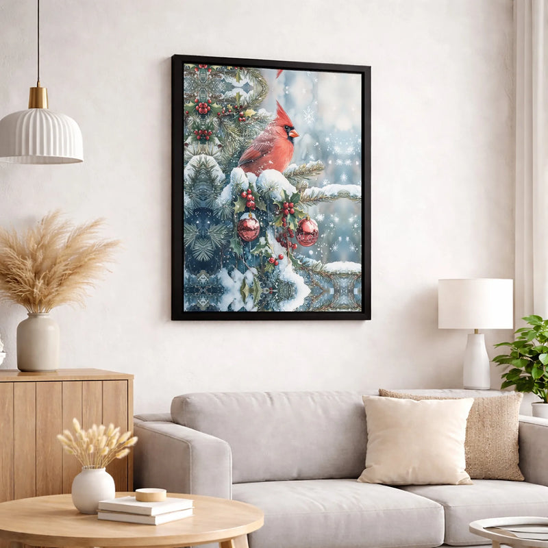 Snowy Christmas Branch Canvas Wall Art, Red Cardinal Canvas Print, Winter Cardinal Bird Wall Decor, Festive Holiday Woodland Art