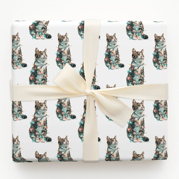Tabby Kitten Holiday Lights Gift Wrap, Humorous Cat Christmas Wrapping Paper, Adorable Pet Lover Wrapping Paper, Festive Chri