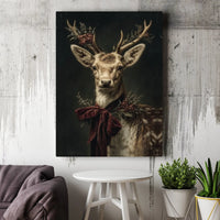 Vintage Reindeer Red Bow Print, Christmas Deer Canvas Wall Art, Festive Holiday Animal Decor, Rustic Winter Cabin Canvas Art Present
