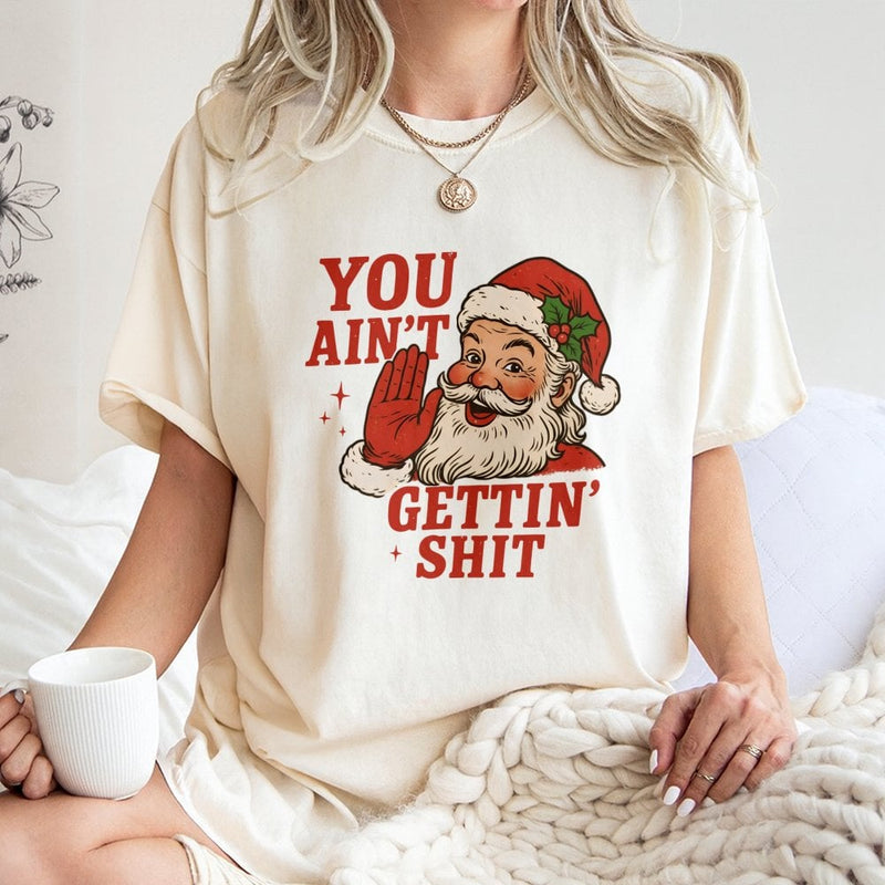 Humorous Naughty Santa Shirt, You Aint Gettin Shit Santa T-Shirt, Adult Christmas Humor Graphic Tee, Sarcastic Xmas T-Shirt, Gag Present for Men