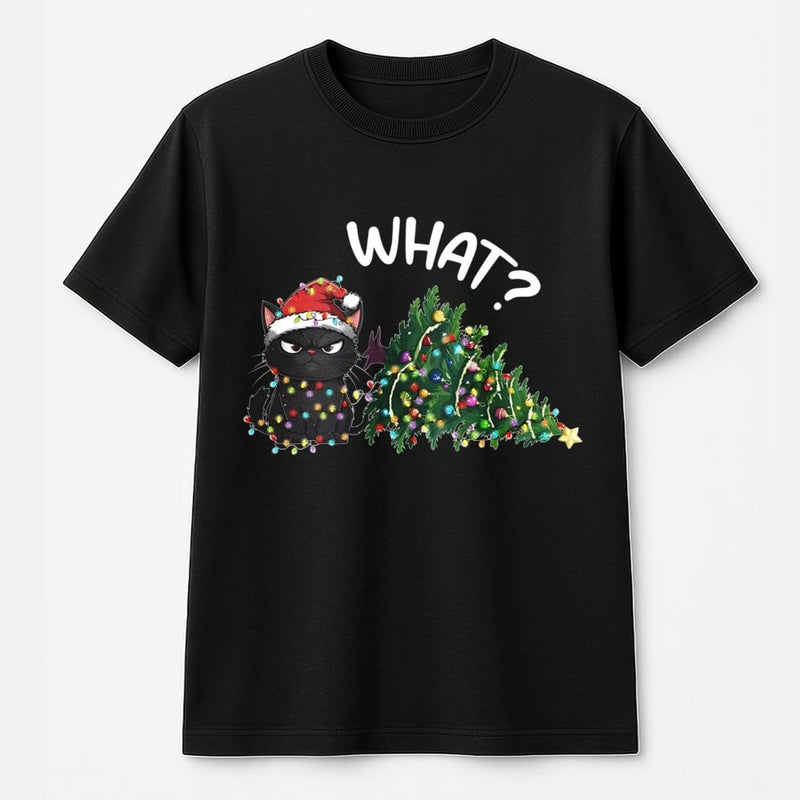 Humorous Cat in Holiday Lights T-Shirt, Grumpy Black Cat Christmas Shirt, Retro Grumpy Cat Graphic Tee, Adorable Cat Lover Christmas Shirt
