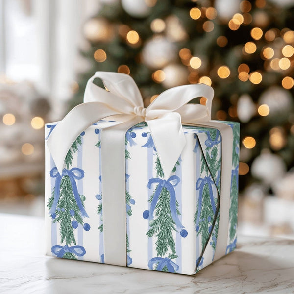 Blue Bows Christmas Gift Wrap, Watercolor Pine Garland Wrapping Paper, Elegant Botanical Holiday Wrapping Paper, Luxury Winte