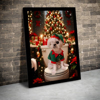 Elf Costume Dog Toilet Scene Canvas Print, Humorous Maltese Dog Christmas Canvas Art, Humorous Holiday Canvas, Adorable Xmas Bathroom Decor