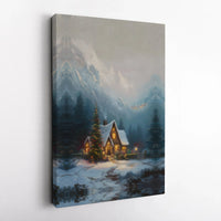 Snowy Mountain Canvas Wall Art, Winter Cabin Canvas Print, Rustic Forest Landscape Canvas Art, Christmas Decor Digital Download Printable