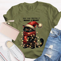 Adorable Holiday Cat Graphic Tee, Meowy and Bright Christmas Cat Teacher T-Shirt, Festive School Teacher Shirt, Humorous Cat Lover Xmas Top