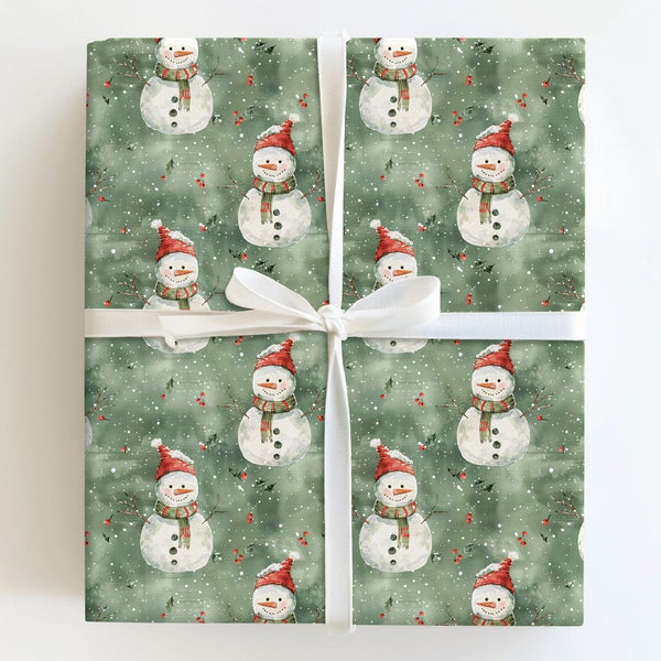 Sage Green Christmas Gift Wrap, Watercolor Snowman Wrapping Paper, Winter Holiday Snowman Gift Wrap, Adorable Snowman Christm