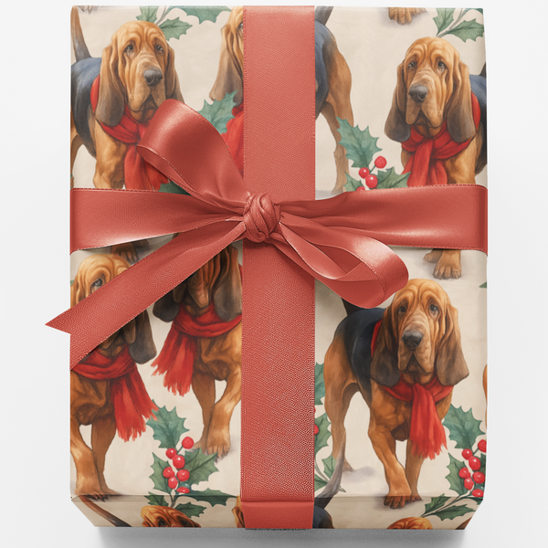 Holly Scarf Dog Gift Wrap Paper, Bloodhound Christmas Wrapping Paper, Festive Holiday Wrapping Paper Roll, Dog Lover Xmas Gif