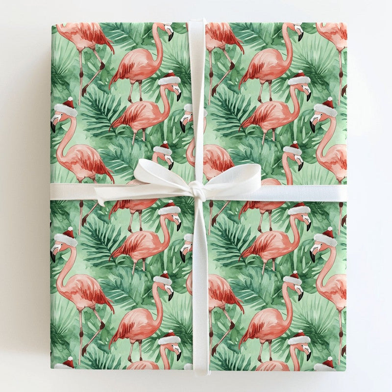 Tropical Flamingo Gift Wrap, Flamingo Christmas Wrapping Paper, Beach Holiday Wrapping Paper, Coastal Xmas Gift Wrap, Palm Leaf Present Roll
