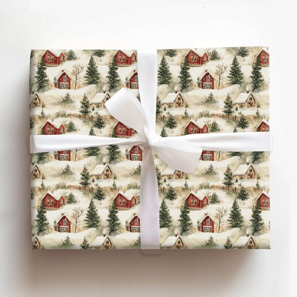 Rustic Winter Village Gift Wrap, Snowy Red Cabin Christmas Wrapping Paper, Vintage Cottage Wrapping Paper, Holiday Present Gi