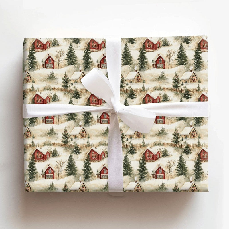 Rustic Winter Village Gift Wrap, Snowy Red Cabin Christmas Wrapping Paper, Vintage Cottage Wrapping Paper, Holiday Present Gift Wrap Roll