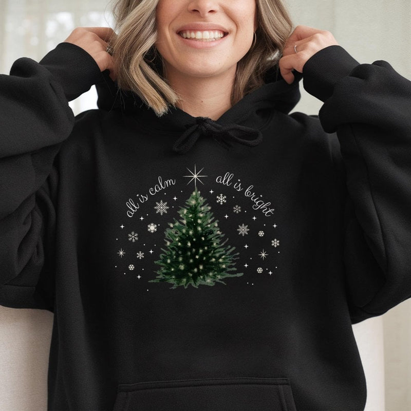 Minimalist Tree Holiday Sweatshirt, All Is Calm All Is Bright Christmas Hoodie, Comfy Winter Graphic Hooded Sweater, Xmas Present for Her
