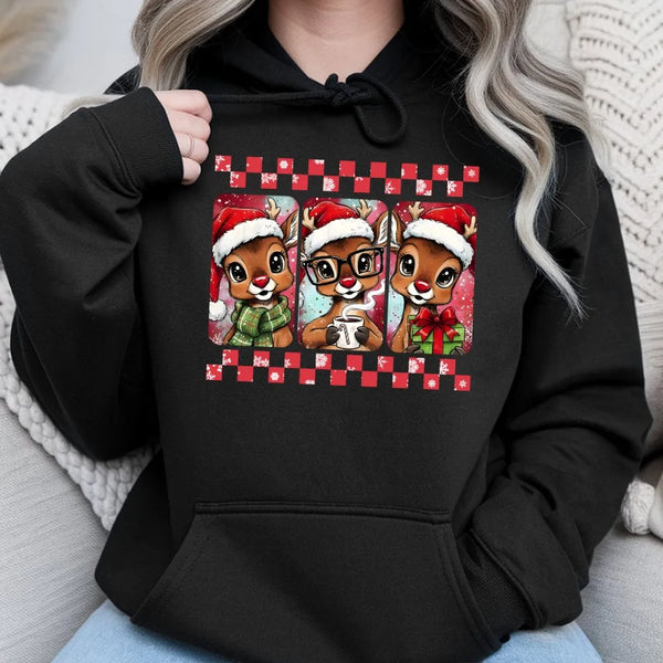 Festive Deer Graphic Hoodie, Christmas Reindeer Hoodie, Adorable Holiday Animal Pullover, Winter Xmas Hooded Sweatshirt, Comf