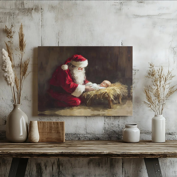 Nativity Canvas Wall Art, Santa Kneeling Before Jesus Canvas, Christian Christmas Canvas Print, Religious Faith Holiday Home 