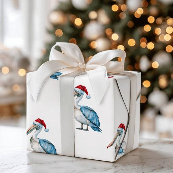 Santa Hat Pelican Gift Wrap, Christmas Pelican Wrapping Paper, Coastal Holiday Wrapping Paper, Nautical Beach Christmas Gift 