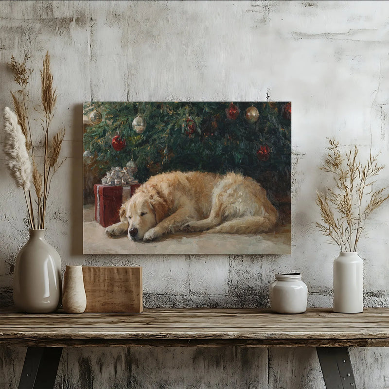 Christmas Tree Oil Painting Style Print, Sleeping Golden Retriever Canvas Art, Holiday Dog Wall Decor, Festive Pet Lover Canvas Present