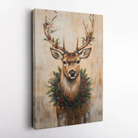 Rustic Stag Holly Wreath Print, Christmas Deer Canvas Wall Art Printable, Farmhouse Holiday Decor, Winter Digital Download