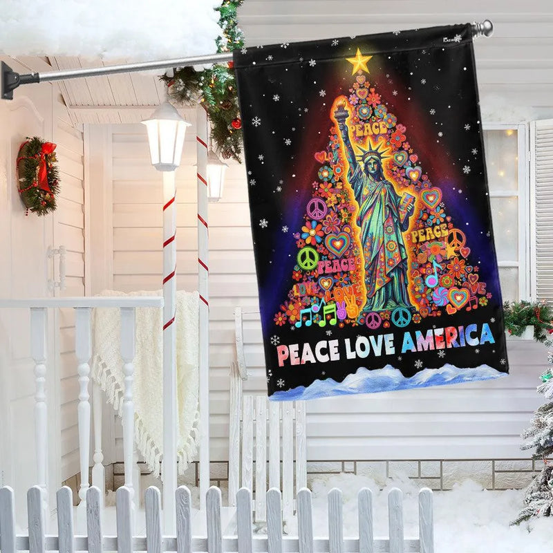 Hippie Christmas Tree Statue of Liberty Flag, Peace Love America Garden Flag, Double Sided Patriotic Holiday Yard Flag, Retro Festive Decor