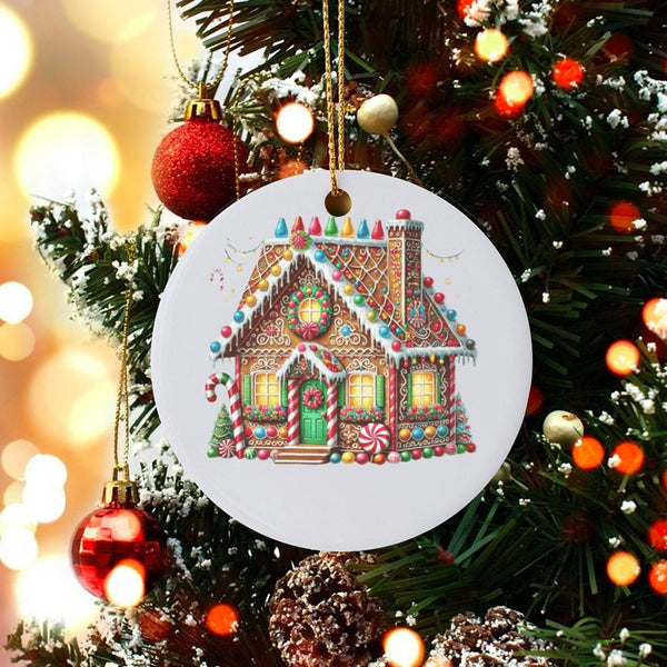 Holiday Candy Cottage Tree Ornament, Gingerbread House Christmas Ornament, Glossy Ceramic Keepsake Ornament, Festive Xmas Hom