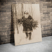 Sketch Santa Carrying Tree Canvas Print, Vintage Santa Claus Wall Art, Rustic Christmas Canvas Decor, Holiday Canvas Art, Xmas Home Present