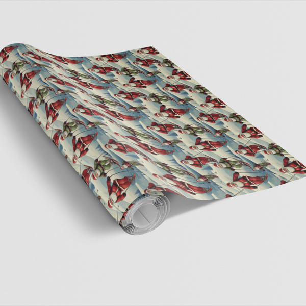 North Pole Downhill Gift Wrap, Skiing Santa Wrapping Paper, Winter Sports Christmas Paper, Elves Ski Present Wrap Roll, Skier