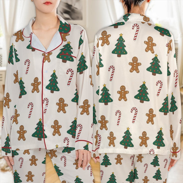 Festive Holiday Satin Pajamas, Christmas Gingerbread Pajama Set, Gingerbread Man Sleepwear, Comfy Winter Loungewear Pajama Se