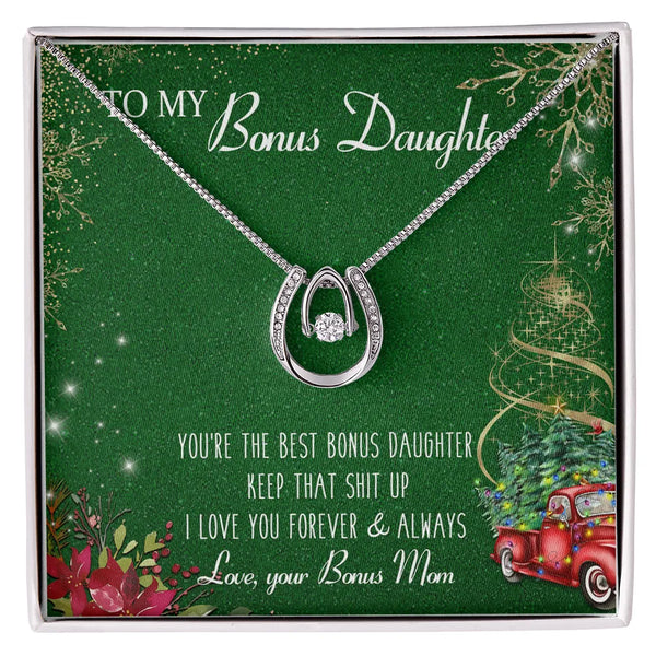 Dancing Cubic Zirconia Necklace, Bonus Daughter Horseshoe Necklace, Stepdaughter Pendant, Meaningful Christmas Present from B
