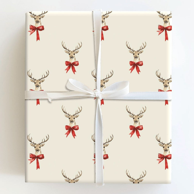 Red Bow Reindeer Gift Wrap, Watercolor Reindeer Wrapping Paper, Rustic Holiday Reindeer Paper Roll, Cream Christmas Gift Wrapping Paper