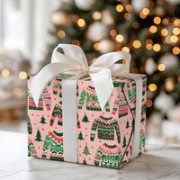 Retro Holiday Knit Gift Wrap, Ugly Christmas Sweater Wrapping Paper, Pink Xmas Tree Present Wrap, Festive Secret Santa Wrapping Paper Roll