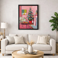 Mid-Century Holiday Canvas Wall Art, Pink Christmas Living Room Canvas Print, Festive Pastel Canvas, Retro Xmas Home Decor, Present for Her