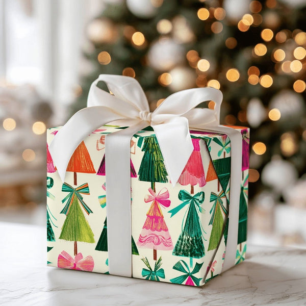 Bow Christmas Wrapping Paper, Retro Colorful Tree Wrapping Paper, Modern Holiday Gift Wrap Roll, Vibrant Seasonal Xmas Wrappi