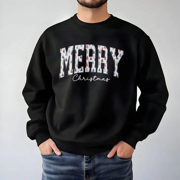 Varsity Lettering Holiday Crewneck, Merry Christmas Tree Sweatshirt, Retro Christmas Graphic Sweater, Festive Winter Holiday 