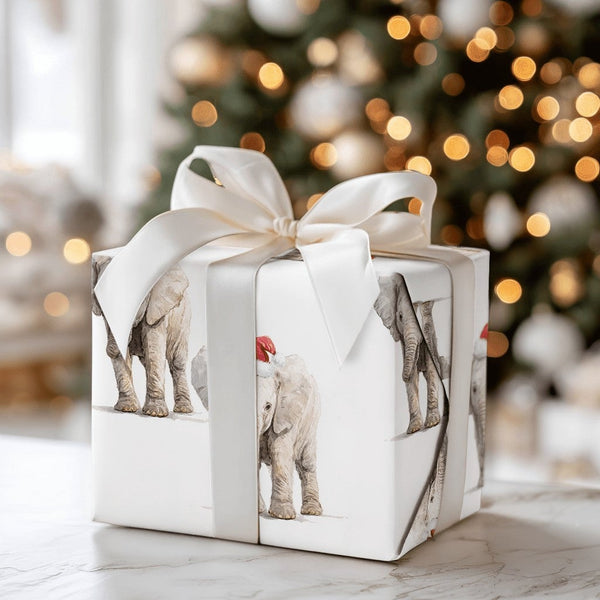 Santa Hat Wrapping Paper, Baby Elephant Christmas Wrapping Paper, Adorable Animal Holiday Gift Wrap, Festive Winter Elephant 