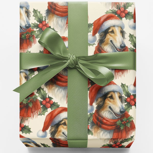 Winter Holly Star Dog Gift Wrap, Borzoi Christmas Wrapping Paper, Russian Hound Present Wrap Paper, Elegant Dog Breed Wrappin