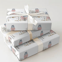 Vintage Christmas Village Gift Wrap, Snowy Winter Town Wrapping Paper, Yellow Car Holiday Wrapping Paper, Festive Winter Wrapping Paper