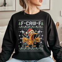 Humorous Rooster Chicken Holiday Sweater, F-Caw-F Ugly Christmas Sweatshirt, Sarcastic Poultry Farmer Xmas Pullover, Joke Present