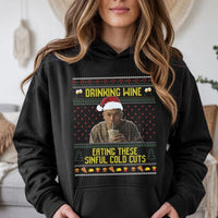 Ugly Christmas Sweater True Crime Hoodie, Sinful Cold Cuts Hoodie, Humorous Mystery Graphic Sweatshirt, Holiday Season Fan Pullover Hoodie