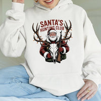 Christmas Deer Skull Graphic Hoodie, Santa Hunting Club Hoodie, Humorous Holiday Hunter Sweatshirt, Outdoor Hunting Hooded Pullover Present