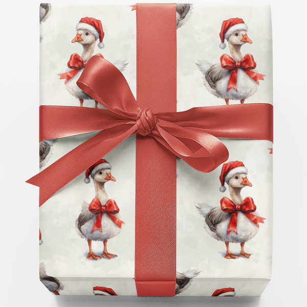 Santa Hat Bird Holiday Gift Wrap, Christmas Goose Wrapping Paper, Whimsical Farm Animal Wrap Paper Roll, Bird Lover Festive W