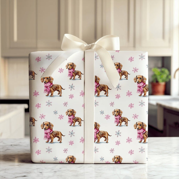 Pink Scarf Dog Holiday Gift Wrap, Dachshund Christmas Wrapping Paper, Watercolor Wiener Dog Wrapping Paper, Winter Pet Gift W